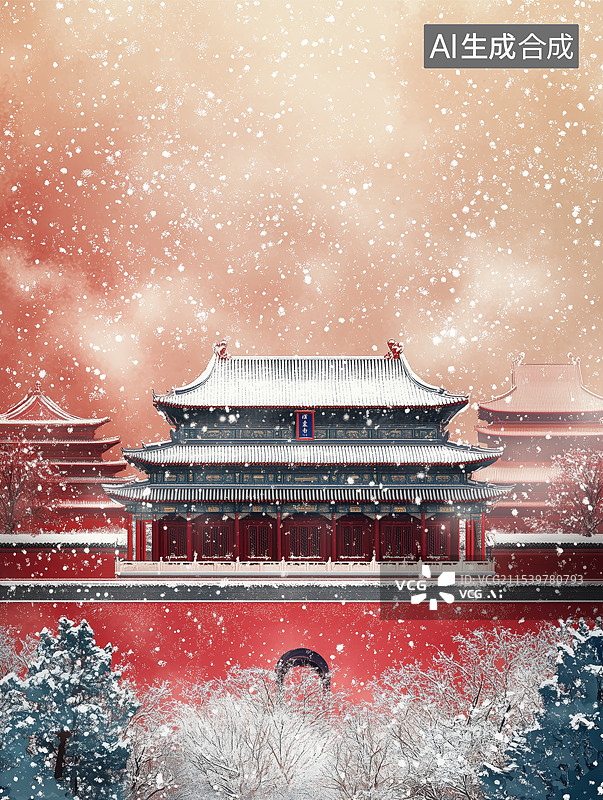 【AI数字艺术】大雪中的中国宫殿插画图片素材