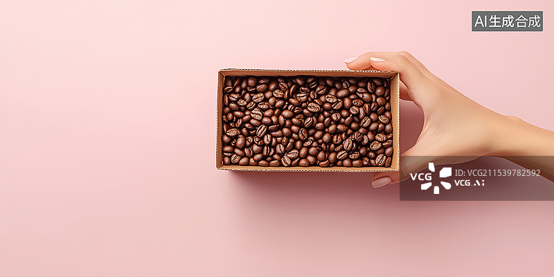 【AI数字艺术】3D粉红色背景下手持烤咖啡豆的特写镜头图片素材