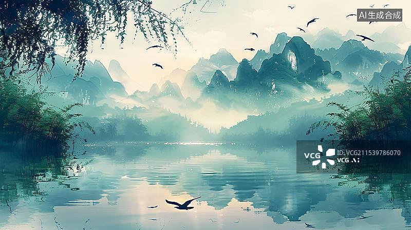 【AI数字艺术】春天节气清明春分，燕子新中式风格插图插画背景图片素材