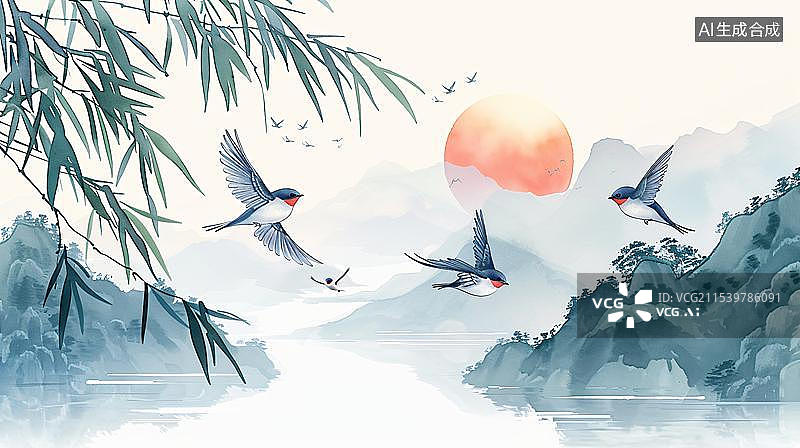 【AI数字艺术】春天节气清明春分，燕子新中式风格插图插画背景图片素材