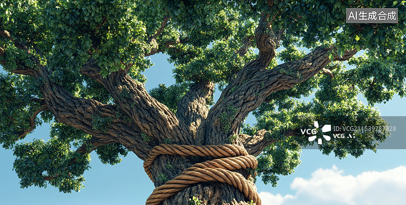 【AI数字艺术】一棵巨大的树，矗立在一片绿色的草地上。阳光透过树叶洒下斑驳的光影，天空中飘着几朵白云，图片素材