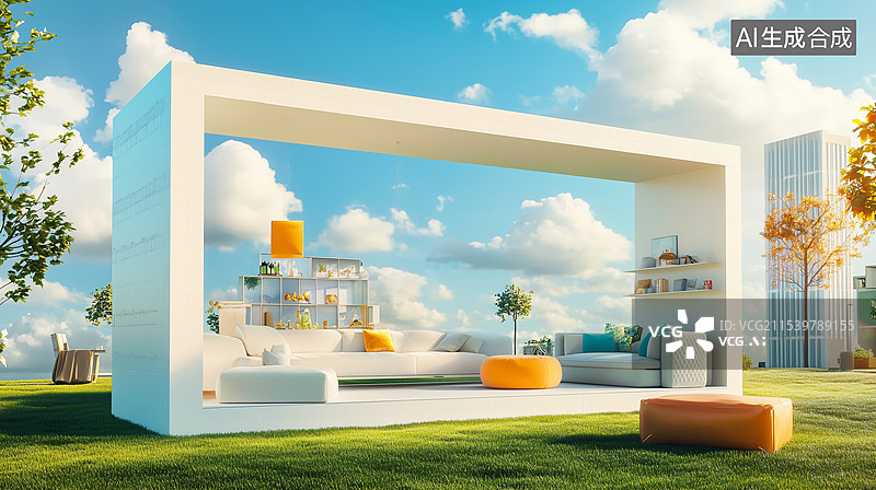 【AI数字艺术】家具和家居装饰的创意广告概念露天场景长长的白色纹理立方体的客厅内部图片素材