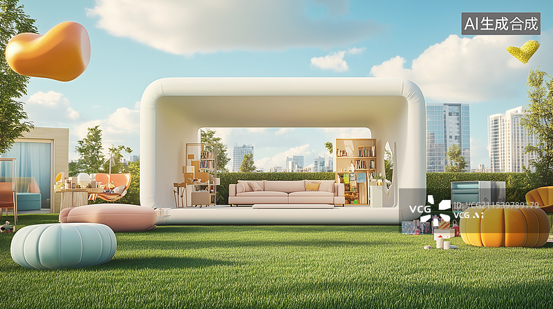 【AI数字艺术】家具和家居装饰的创意广告概念露天场景长长的白色纹理立方体的客厅内部图片素材