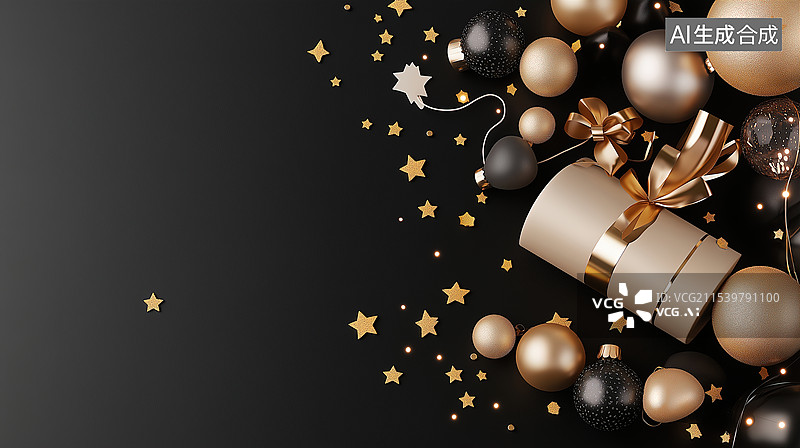 【AI数字艺术】黑色背景下金色圣诞装饰图片素材