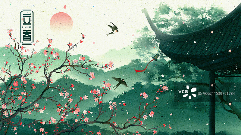古亭桃花燕子山野中国风图片素材