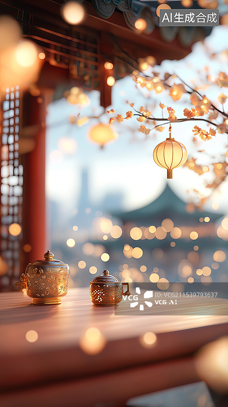【AI数字艺术】窗边夜景与中国灯笼图片素材