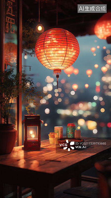 【AI数字艺术】窗边夜景与中国灯笼图片素材