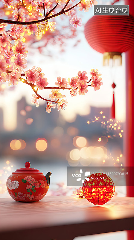【AI数字艺术】窗边夜景与中国灯笼图片素材