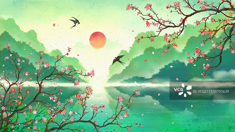 中国风湖泊桃花水墨水彩插画图片素材