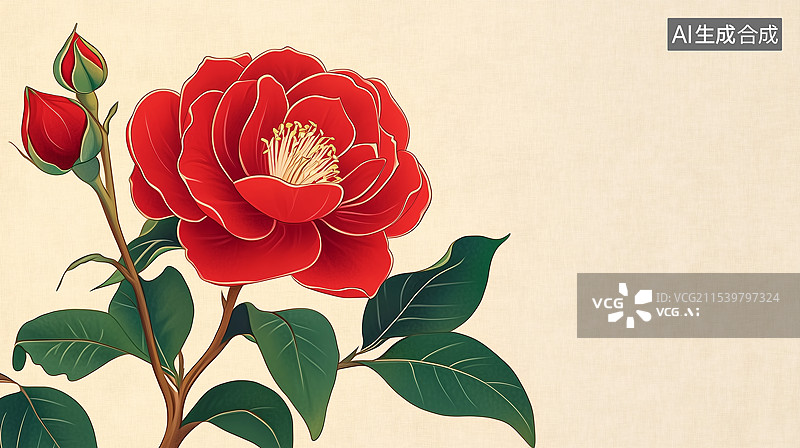 【AI数字艺术】中国风的红色山茶花插画图片素材