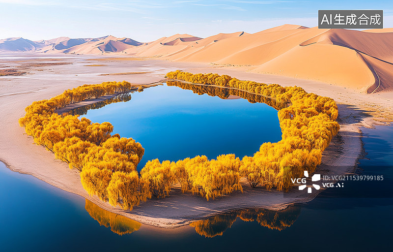 【AI数字艺术】一片沙漠中的金色胡杨林。胡杨树的叶子呈现出金黄色，与周围的沙漠形成了鲜明的对比。远处是连绵起伏的沙丘图片素材