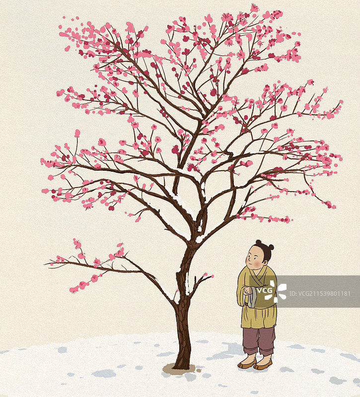中国风新中式古风古典传统文化梅花桃花古装古人古代古时候国学经典汉服生活方式下雪天孩童人物卡通插画图片素材