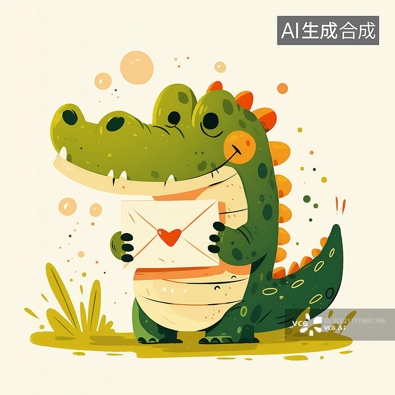 【AI数字艺术】鳄鱼拿着信封卡通插画图片素材