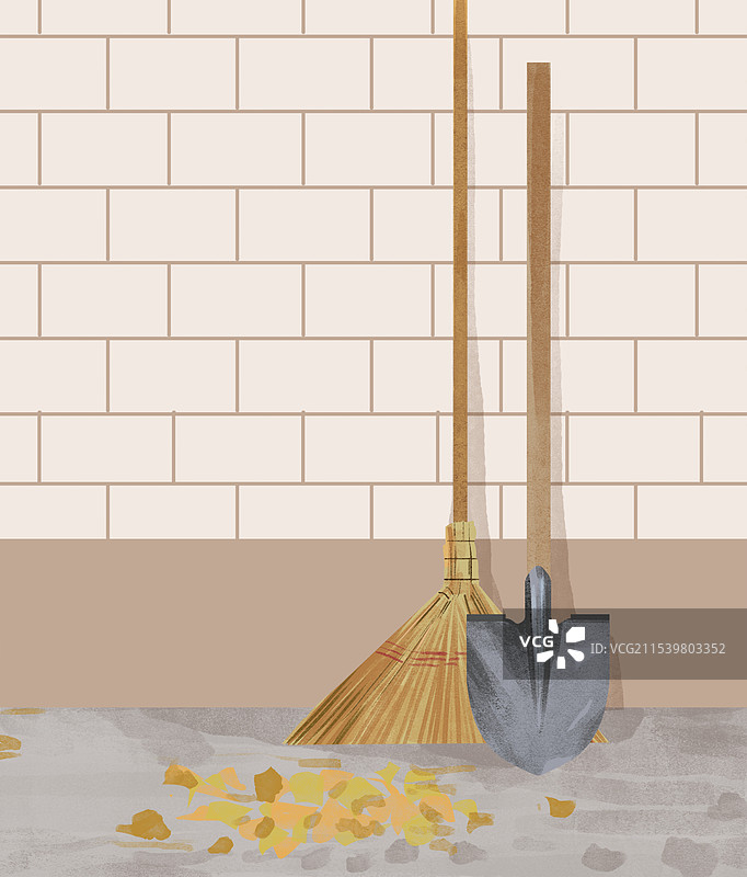 过年过节节日回家老家家乡乡村农村老房子角落打扫卫生扫把铁锹落叶灰尘资讯卡通插画图片素材