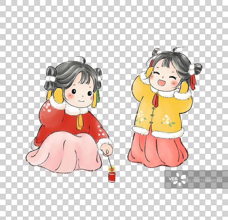 新中式清新插画两个古风小女孩在放鞭炮图片素材