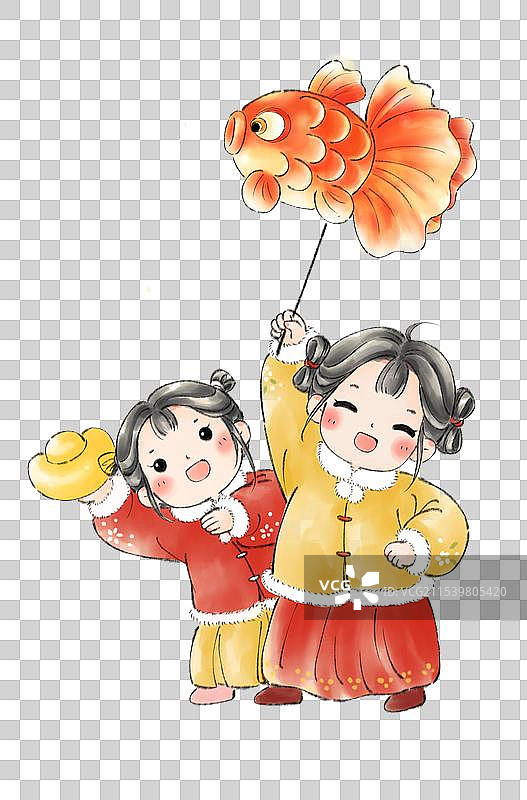 新中式清新插画两个可爱女孩拿着元宝和花灯图片素材
