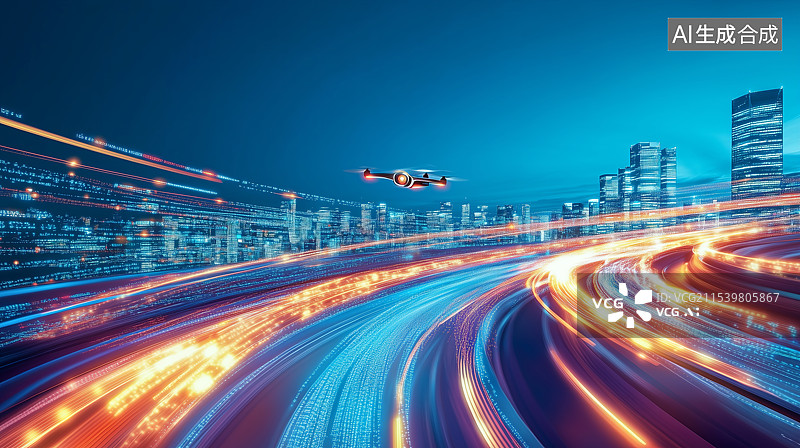 【AI数字艺术】夜晚无人机低空经济城市概念图图片素材