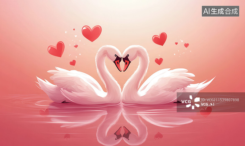 【AI数字艺术】3D渲染两只天鹅脖子组成心形七夕情人节插画背景图片素材