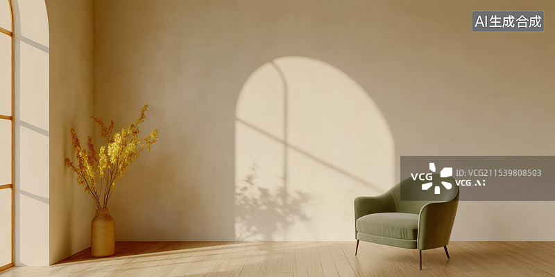 【AI数字艺术】客厅拱形背景墙和沙发，居家生活家具展示样板间图片素材