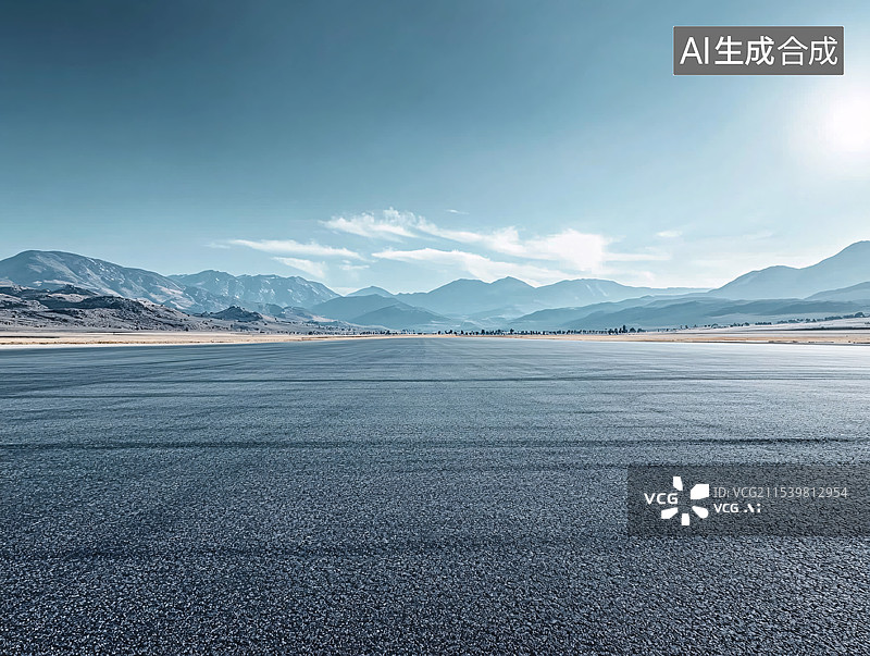 【AI数字艺术】宽阔柏油马路，远处连绵起伏山脉，晴朗的蓝天白云，汽车广告背景图片素材