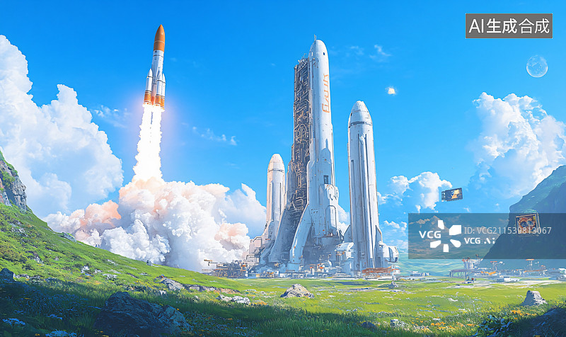 【AI数字艺术】火箭发射的强大瞬间，突破天空，展示了太空探索与技术进步的激动时刻。图片素材