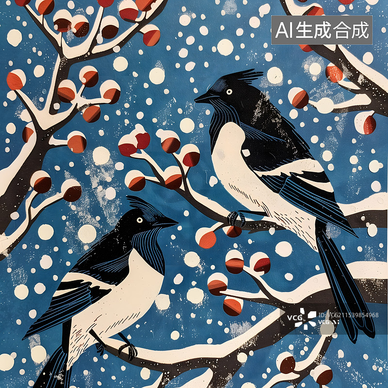 【AI数字艺术】版画风冬天里的喜鹊图片素材
