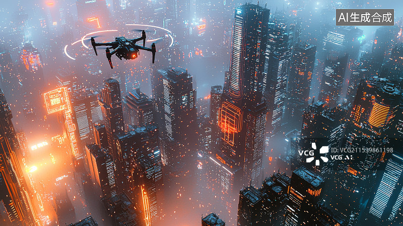 【AI数字艺术】高科技无人机飞行于夜晚城市上空图片素材