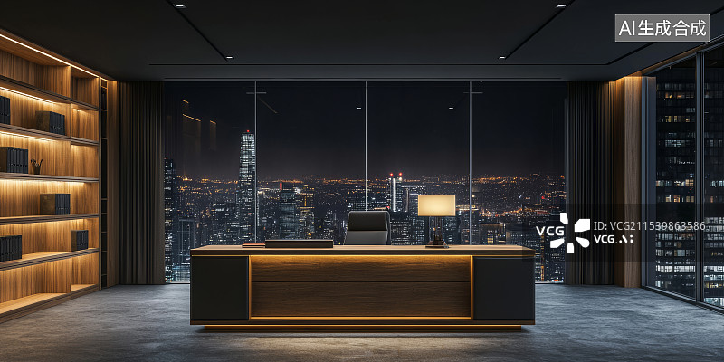 【AI数字艺术】豪华办公桌城市夜景高端设计图片素材