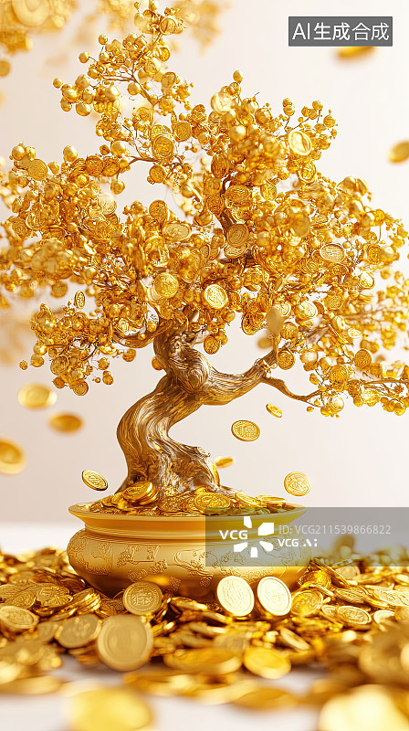 【AI数字艺术】一棵长满金币和金锭的摇钱树图片素材