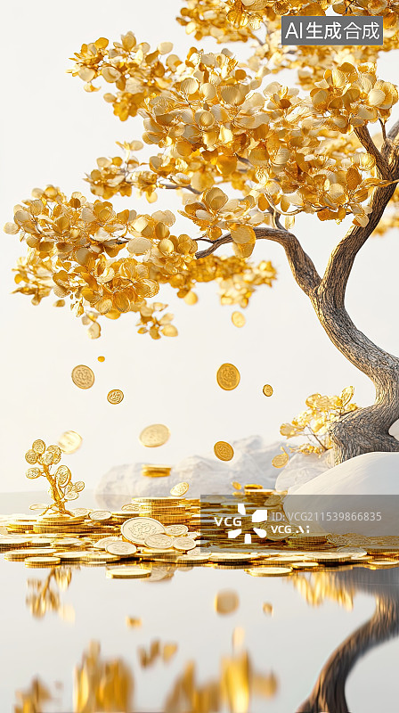 【AI数字艺术】一棵长满金币和金锭的摇钱树图片素材