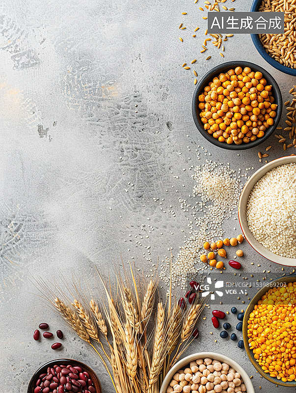 【AI数字艺术】水泥桌面背景下的各类五谷谷类食物图片素材