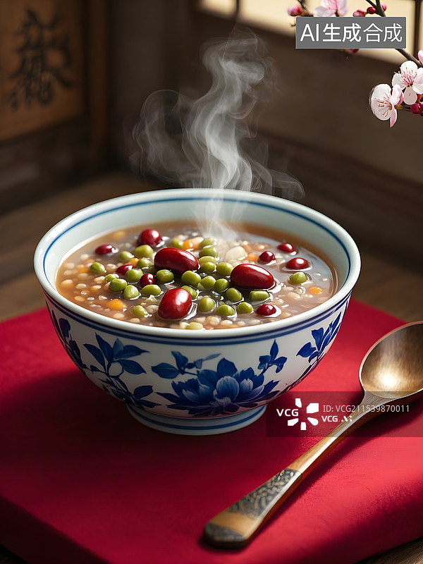 【AI数字艺术】红色碗中的腊八粥和勺子，海报设计图片素材