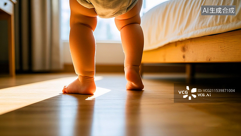 【AI数字艺术】温馨的卧室里的婴儿在学走路图片素材