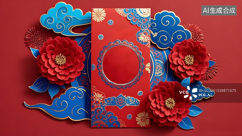【AI数字艺术】红色背景下的贺卡和信封图片素材
