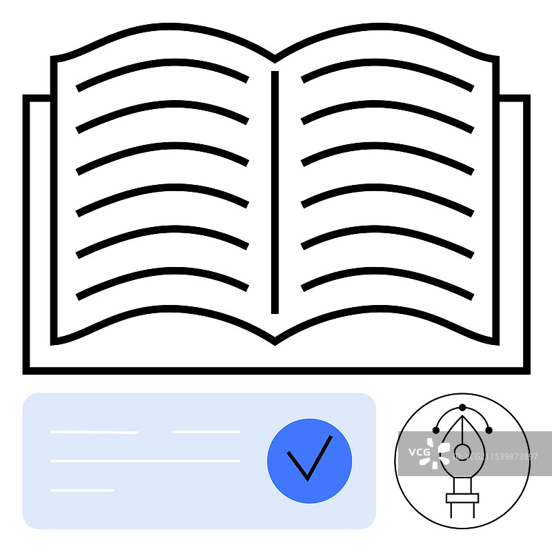 打开的书籍与笔工具和勾选标记的概念图片素材