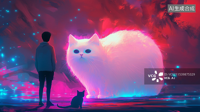 【AI数字艺术】少年与巨猫的凝视图片素材