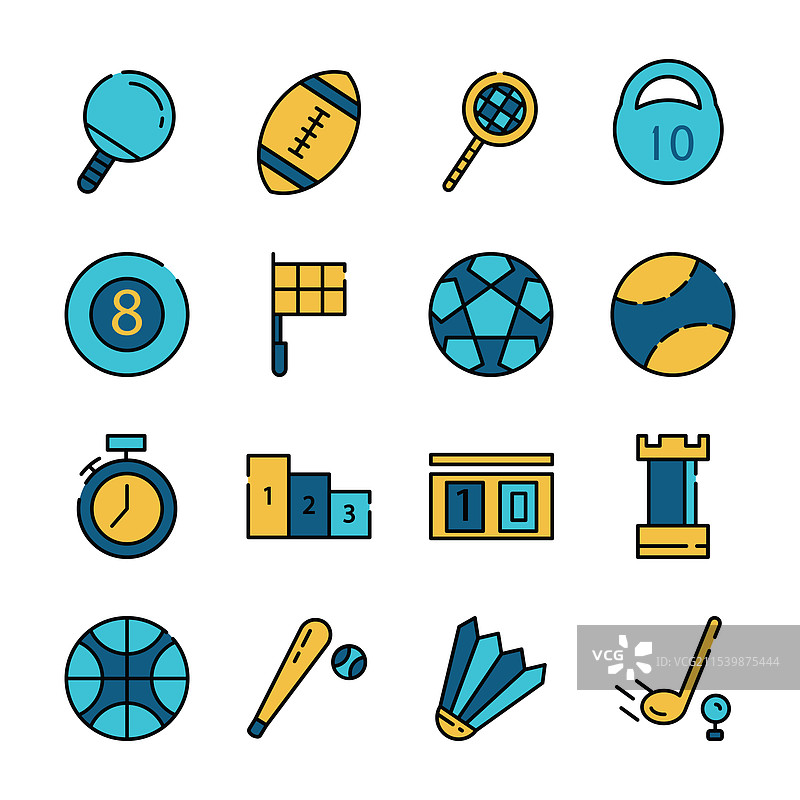 运动器材的填充线条艺术图标集图片素材