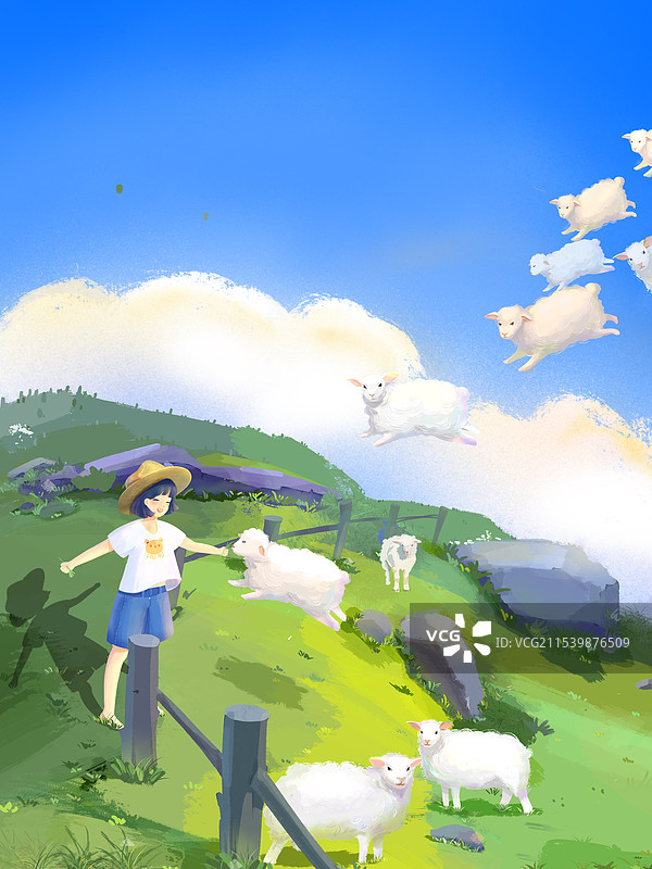 晴天女孩在草原放羊图片素材