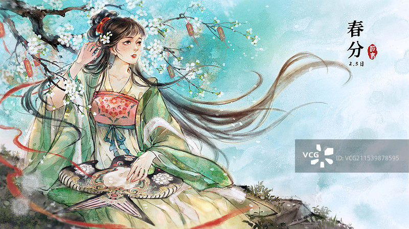 二十四节气春分梨花春季花卉美人-古风国风水墨风写意画图片素材