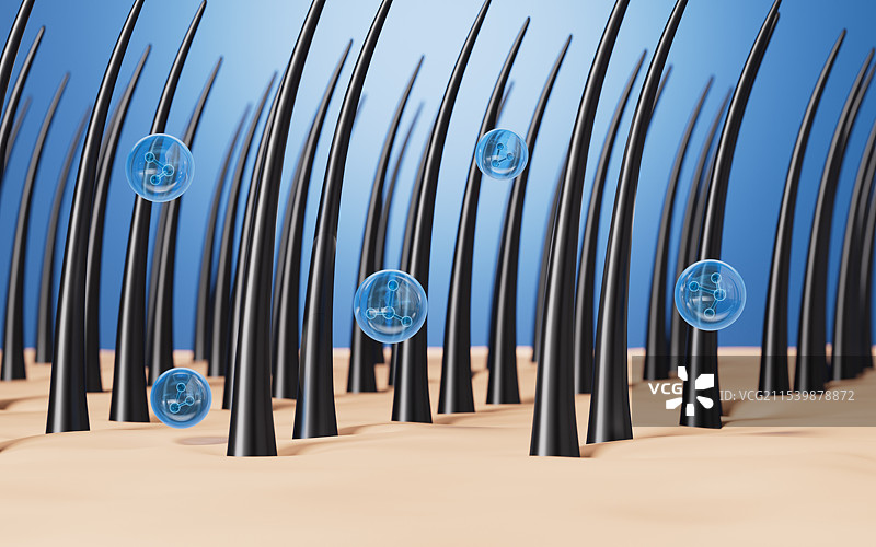 三维渲染的人类头发和细胞分子精华图片素材