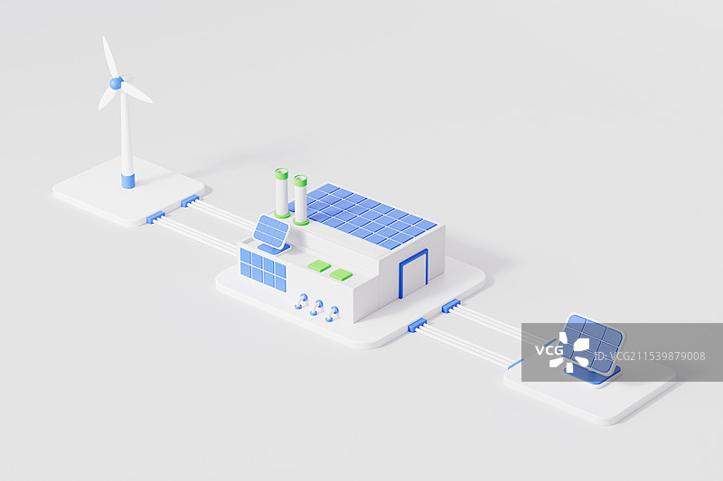 三维渲染的新能源太阳能光伏工厂和风力发电图片素材