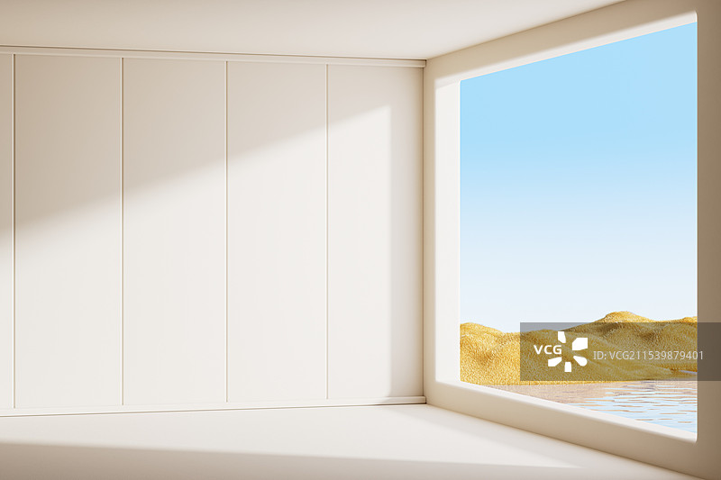 3D渲染的奶油风浅黄色室内空间场景图片素材