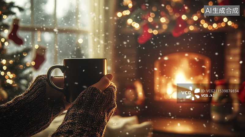 【AI数字艺术】壁炉旁舒适的圣诞节早晨图片素材