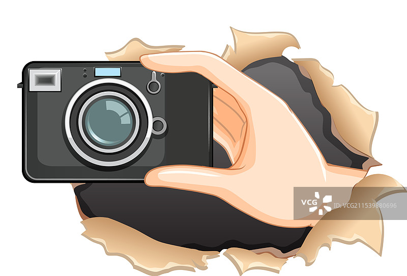 手握相机透过撕裂的纸孔图片素材