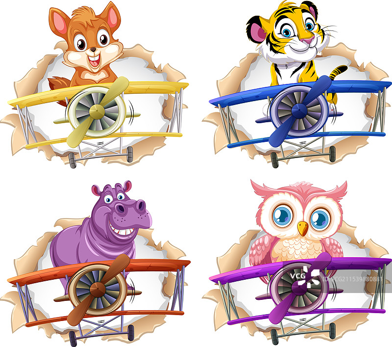 可爱的动物驾驶着色彩鲜艳的卡通飞机图片素材