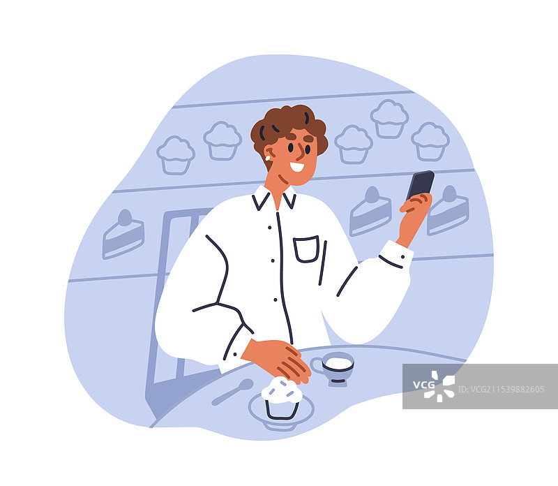 咖啡店休闲时光中的拿着智能手机的男人图片素材