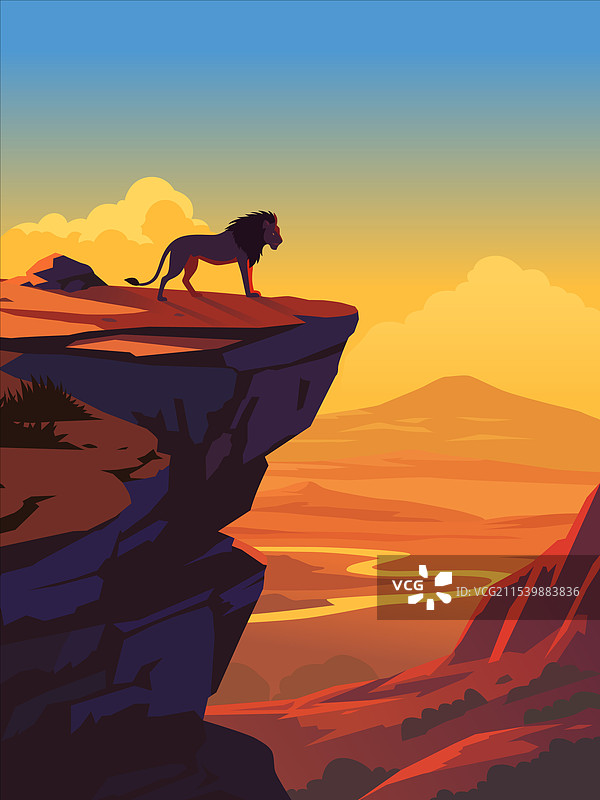 一直孤独的狮子站在夕阳下的悬崖边图片素材