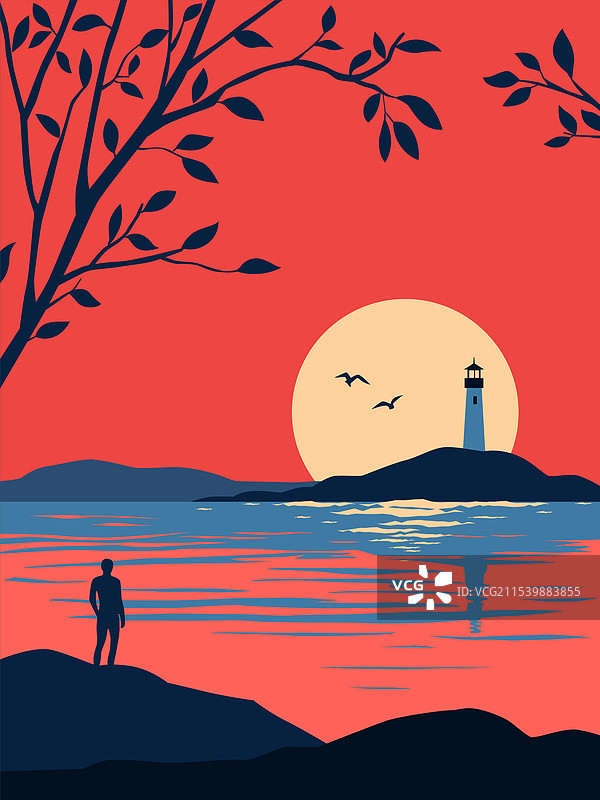 一个人站在河边看着夕阳下的灯塔图片素材
