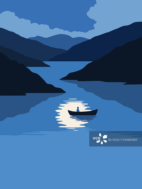 一艘小船与湖面倒影的月亮图片素材