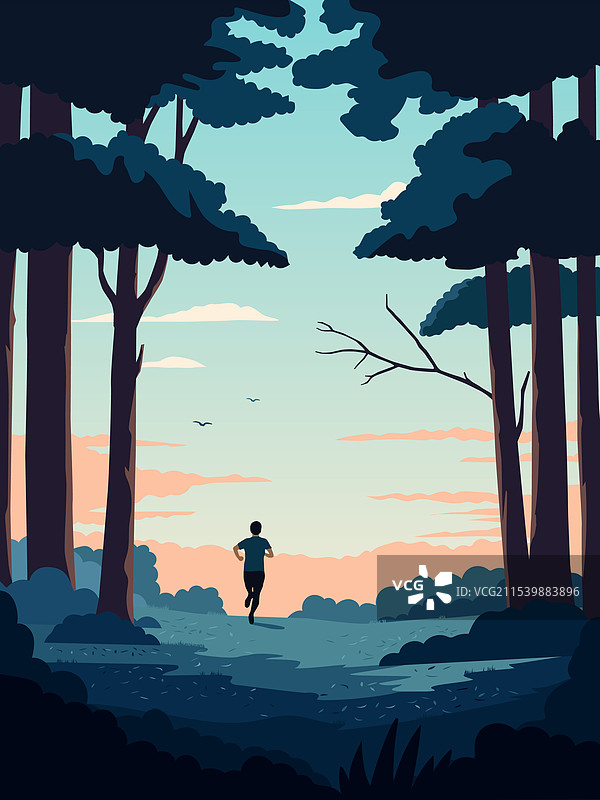 一个人早清晨的森林里奔跑图片素材